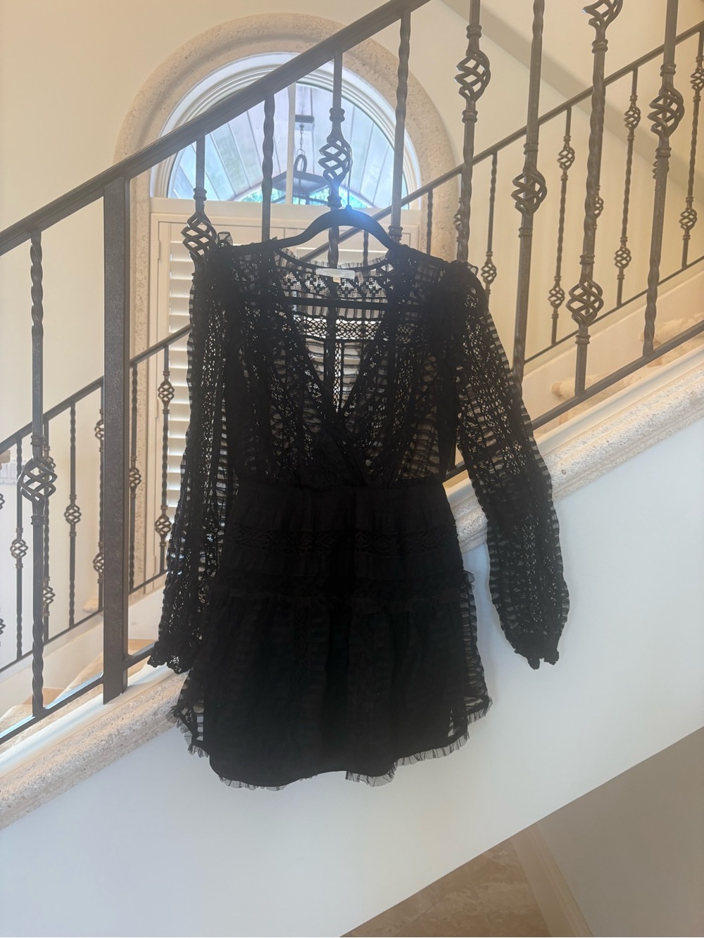 LoveShackFancy Black Crochet Lace Long-Sleeve Mini Dress